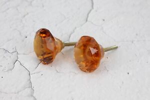 Set Of 2 Amber Glass Door Knobs Fine Hand Cut Diamond Shape Victorian Design