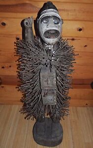 Antique African Bakongo Nkisi Nkondi Statue Nail Fetish Fly Whisk Congo Africa