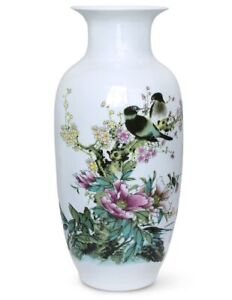 Dahlia Famille Rose Flower Vase Handmade Chinese Porcelain Birds In Peony 2 