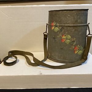 Vtg Folk Art Metal Berry Pail Lunch Bucket With Military Strap