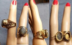 1 Poison Ring Pill Box Shiny Gold Brass Curli Cues Crazy Lace Inclusions Sz 6