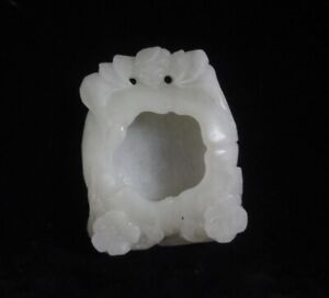 Old Chinese Hand Carving Bat And Flowers White Nephrite Jade Ink Pot