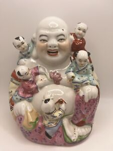 Vintage Chinese Laughing Buddha 5 Kids On Lap Rose Porcelain Statue