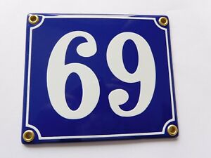 Old French Blue Enamel Porcelain Metal House Door Number Street Sign Plate 69