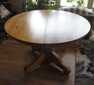 Antique 48 Oak Wood Mission Arts Crafts Round Pedestal Dining Table 2 Leaves