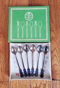 Set Of 6 Asian Kanjii Symbol Blue Enamel Demitasse Spoons 70 Silver With Box