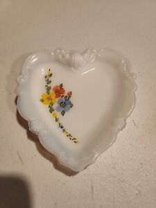 Antique Dithridge Hand Painted Heart Shaped Milk Glass Victorian Trinket Dish