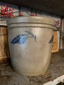 Antique Early Vintage Stoneware Crock Blue Leaves 1