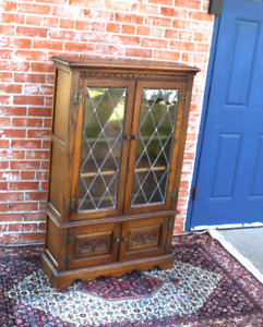 English Antique Oak Leaded Glass Bookcase Display Cabinet