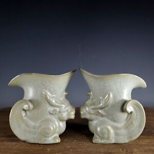 5 9 Antique Song Dynasty Porcelain Ru Kiln Pair Cyan Glaze Ice Crack Beast Cup