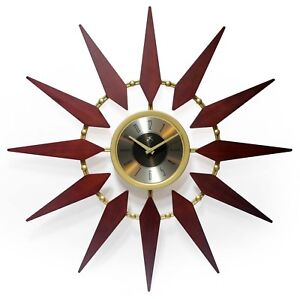 Mid Century Modern Style Gold Walnut Sunburst Wall Clock