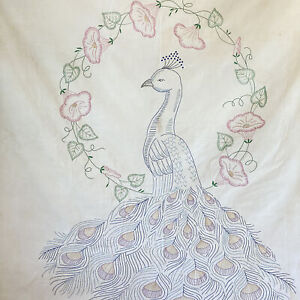 Vintage Peacock Embroidery Bed Cover Bedspread Cotton 1940 39 S Lace Edging Ha
