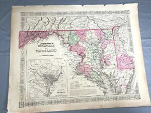 Rare 1855 Maryland Delaware Map W Colored Counties 18 X 14 Johnson Map