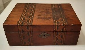 Small Walnut Hinged Cover Workbox With Bands Of Parquetry For Restoration