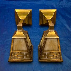 Pair Mission Antique Arts Crafts Sconces Brass Original Patina Rewired 18k