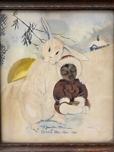  Unusual Antique Old American Folk Art Painting Eskimo Rabbit 1920 Signed