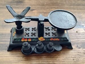 Vintage Miniature Cast Iron Balance Scale With Weights