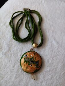 Vintage Chinese Green Cloisonne Gold Koi Fish Double Sided Pendant Necklace
