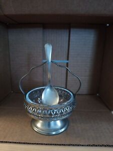 Vintage Sheffield England Silver Plated Jam Sugar Glass Bowl With Spoon