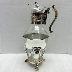 Vintage Fb Rogers Silver Plate Coffee Carafe Pot W Candle Warmer Base Glass Tea