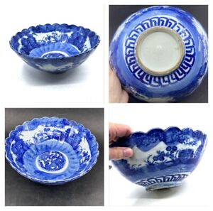 Blue White Antique Chinese Export Footed Serving Bowl Handpainted Stoneware 9 
