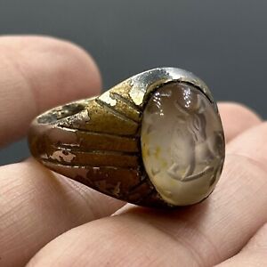 Genuine Ancient Roman Brass Crystal Animal Intaglio Ring E