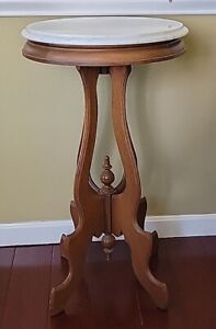 Antique Round Victorian Wooden Marble Top Parlor Lamp Plant Stand Table 29 