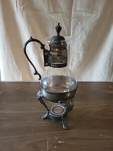 Vtg Silver Plated And Glass Coffee Tea Carafe Pot With Warmer Stand F B Rogers
