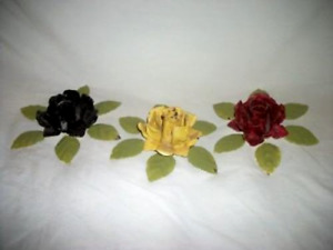 Italian Tole Roses Candle Holders Set 3 Chippy Metal Toleware 1950s Squatty
