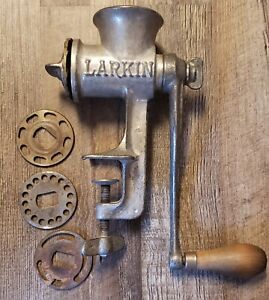 Antique Vintage Larkin Clamp Table Top Meat Grinder Wood Handle W 4 Attachments
