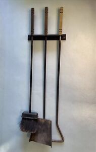 Mid Century Wall Mounted Brass And Black Fireplace Tool Set Hanging Mcm Square