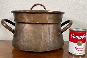19th C Antique French Dovetail Copper Braiser Pan Pot W Lid Primitive Hammered