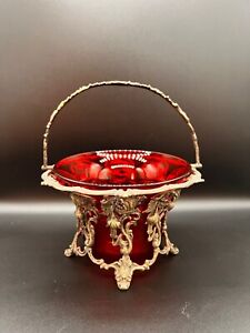 Rare Antique Victorian Cranberry Glass Flared Bowl With Silver Plated Frame
