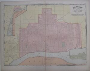 Original 1895 Map Detroit Michigan Belle Isle Bath House Railroad Yards Ferries