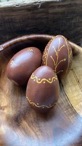 Wooden Folk Art Eggs Red Ware Style Hand Painted 3 Primitive Style Bowl Fillers