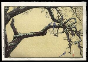 Toshi Yoshida Woodblock Plum Tree And Blue Magpie