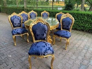 Exquisite 1990s Baroque Rococo Dining Set Gold And Blue Damask 9 Pieces
