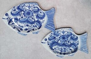 Vtg De Chang Tao Ci Chinese Flo Blue Floral Transferware Fish Platter Plate Set