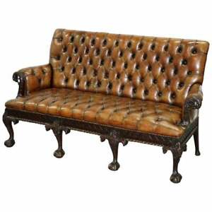 19th Century Hand Carved Hawk Claw Ball Feet Chesterfield Sofa Brown Leather