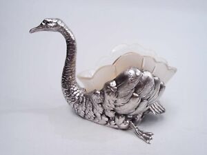 Antique Bowl W Liner Figural Swan Bird Animal German Silver Glass C 1920