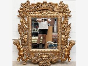 Vintage Antique Extravagant Gilt Wood Frame Wall Mirror Gold Eagle Cherub Accent