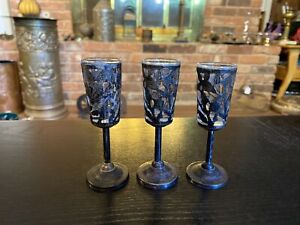 Set Of 3 Vintage Sterling Filigree Cordial Pedestal Shot Glasses W Glass Insert