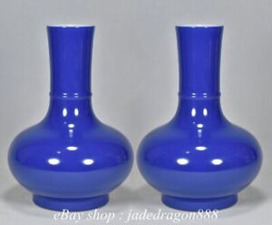 8 8 Kangxi Marked Chinese Blue Glazed Porcelain Bamboo Neck Bottle Vase Pair