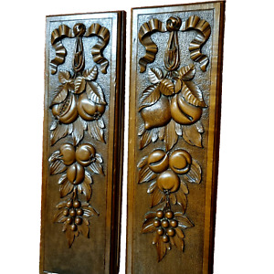2 Ribbon Fruit Garland Wood Carving Panel Antique French Architectural Salvage