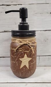 Primitive Crackle Brown Tan Star Mason Jar Soap Dispenser Choice Top