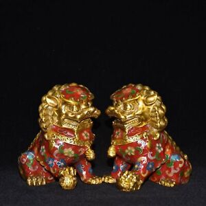 5 China Red Cloisonne Enamel Bronze Fengshui Foo Fu Dog Guardion Door Lion Pair