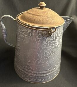 Antique Gray Speckled Enamel Graniteware Coffee Pot Cowboy Kettle W Lid Boiler