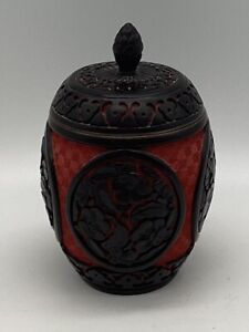 Vintage Hand Carved Chinese Lacquered Black Red Cinnabar Ginger Jar With Lid