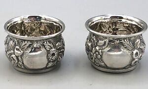 Pair Of Repousse Style Sterling Silver Open Salt Cellars