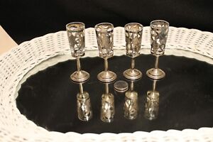 Vtg 4 Pc Set Of Chalice Communion Cups Latticed 925 Outer Shell Glass Insert